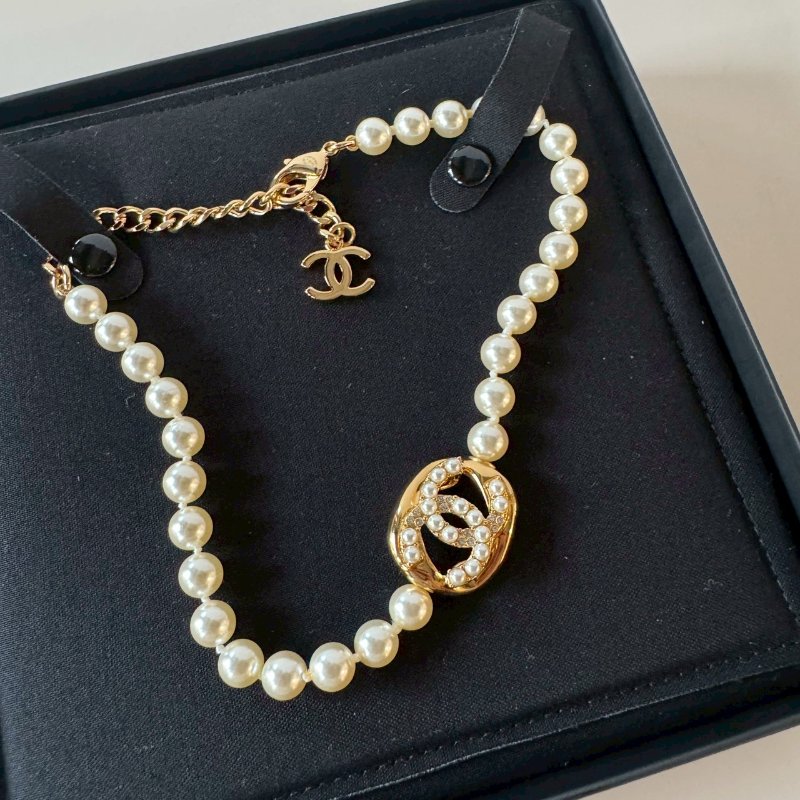 CHANEL 不規則簍空金色方塊 雙C 珍珠 可調節 項鍊 頸鍊-1