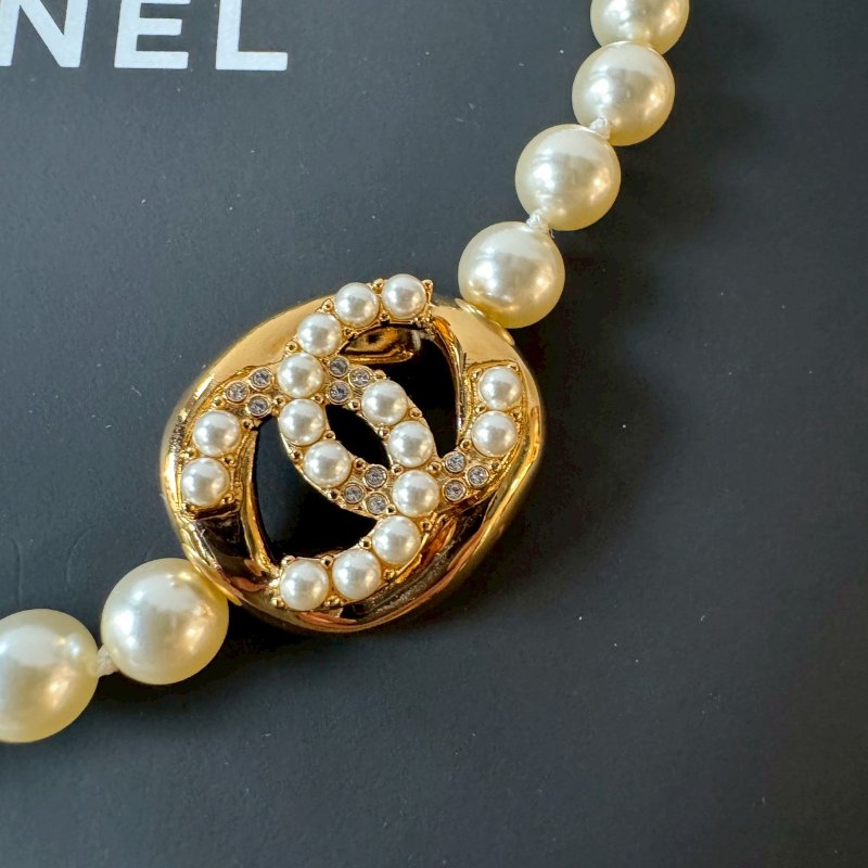 CHANEL 不規則簍空金色方塊 雙C 珍珠 可調節 項鍊 頸鍊-2