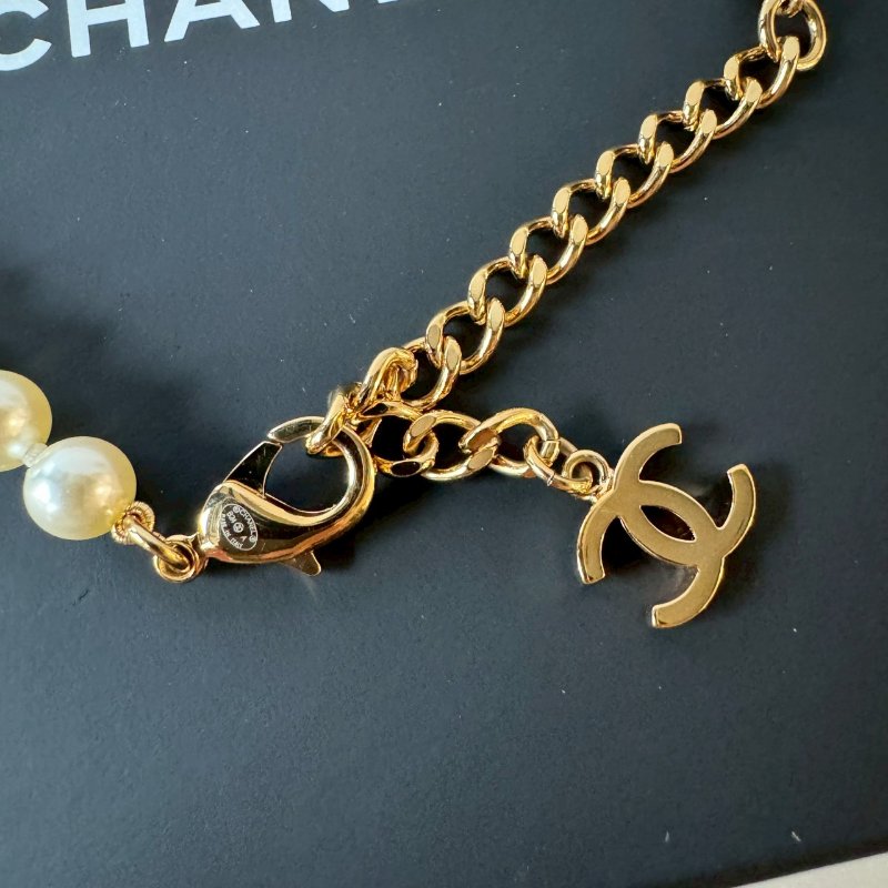 CHANEL 不規則簍空金色方塊 雙C 珍珠 可調節 項鍊 頸鍊-4