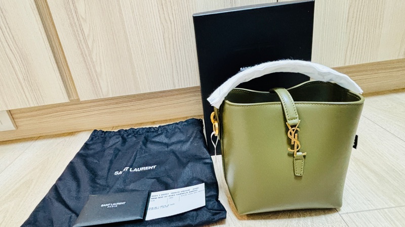 全新閒置品 Saint Laurent Le 37 Mini 765870 金扣 水桶包 抹茶-1