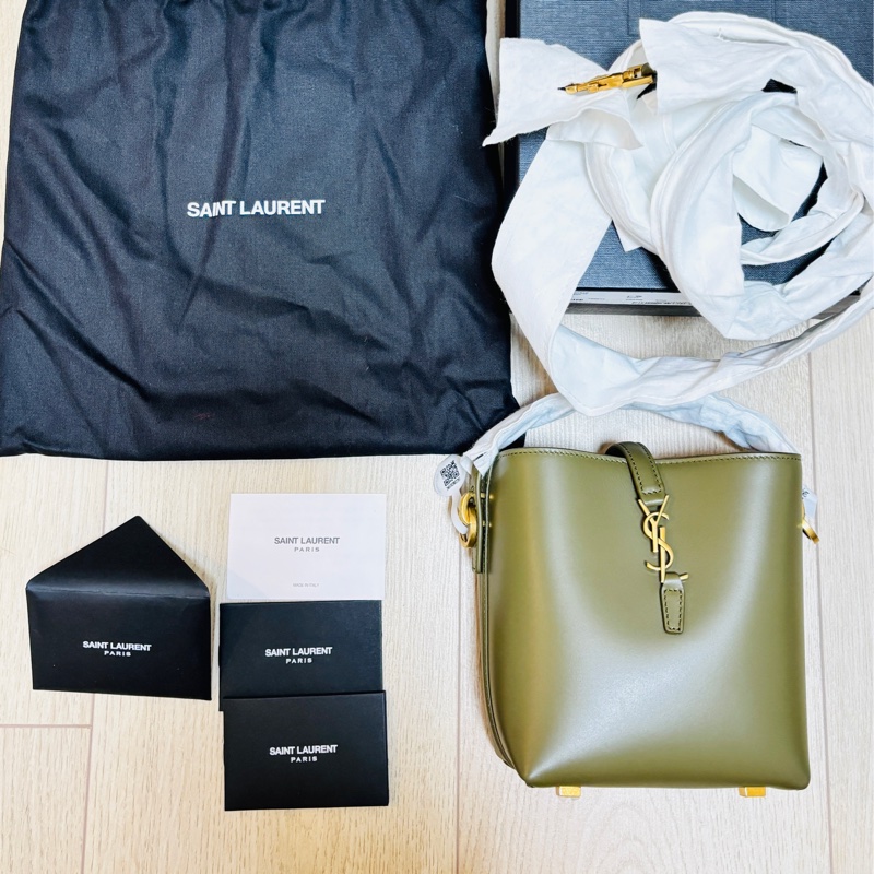 全新閒置品 Saint Laurent Le 37 Mini 765870 金扣 水桶包 抹茶-2