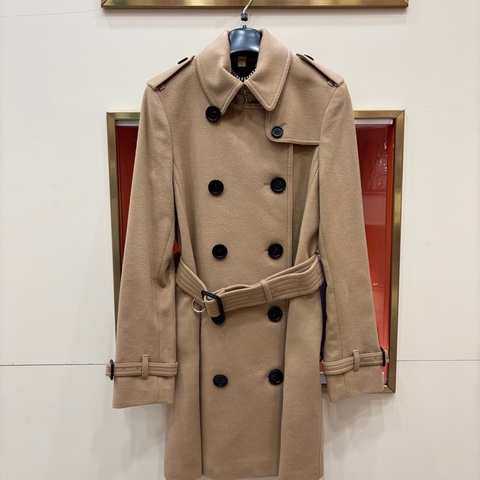 全新 Burberry博柏利 純色雙排扣腰帶翻領 風衣 大衣 絨感外套 卡其色 6碼 170/80A