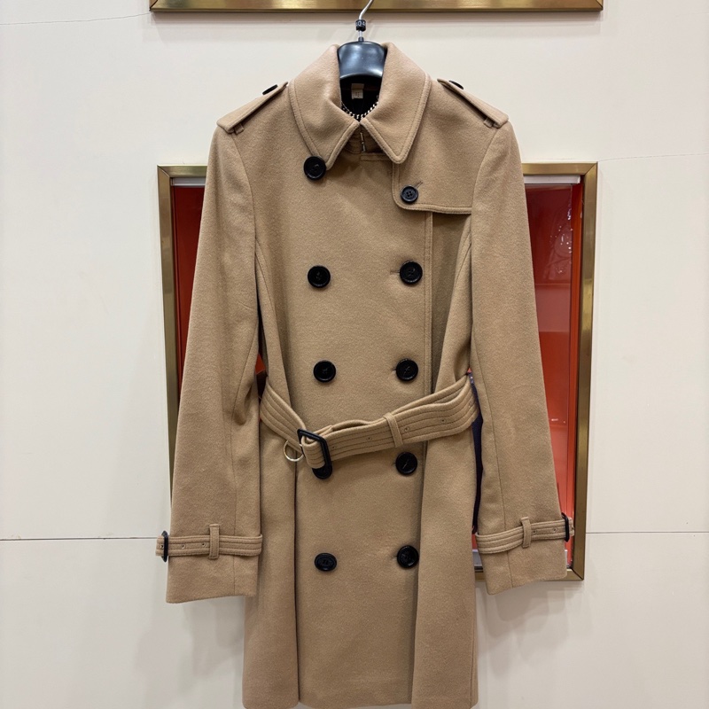 全新 Burberry博柏利 純色雙排扣腰帶翻領 風衣 大衣 絨感外套 卡其色 6碼 170/80A-0