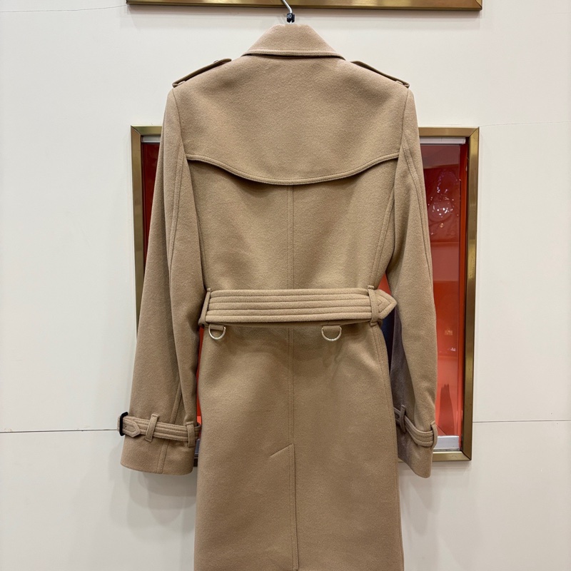 全新 Burberry博柏利 純色雙排扣腰帶翻領 風衣 大衣 絨感外套 卡其色 6碼 170/80A-1