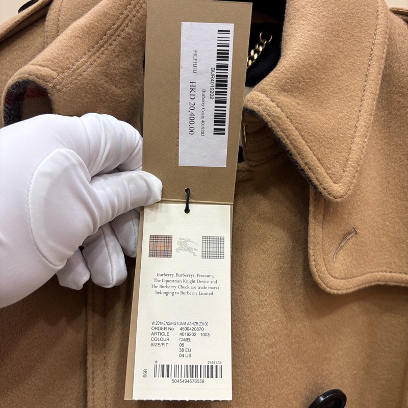 全新 Burberry博柏利 純色雙排扣腰帶翻領 風衣 大衣 絨感外套 卡其色 6碼 170/80A-4