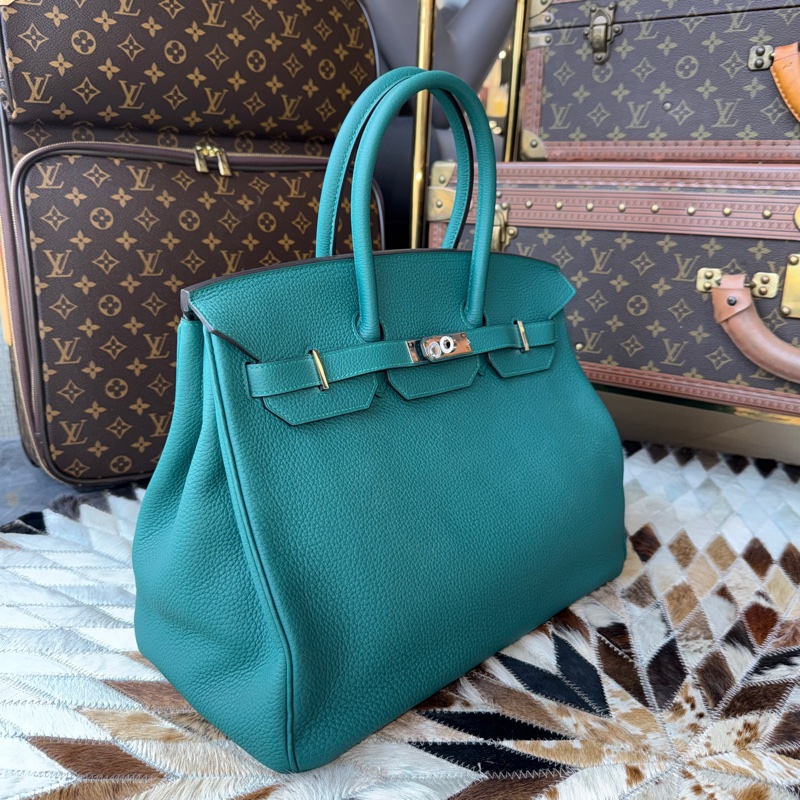 HERMES 柏金BIRKIN35 TOGO皮”銀釦方框Q “孔雀綠/絲絨綠-1