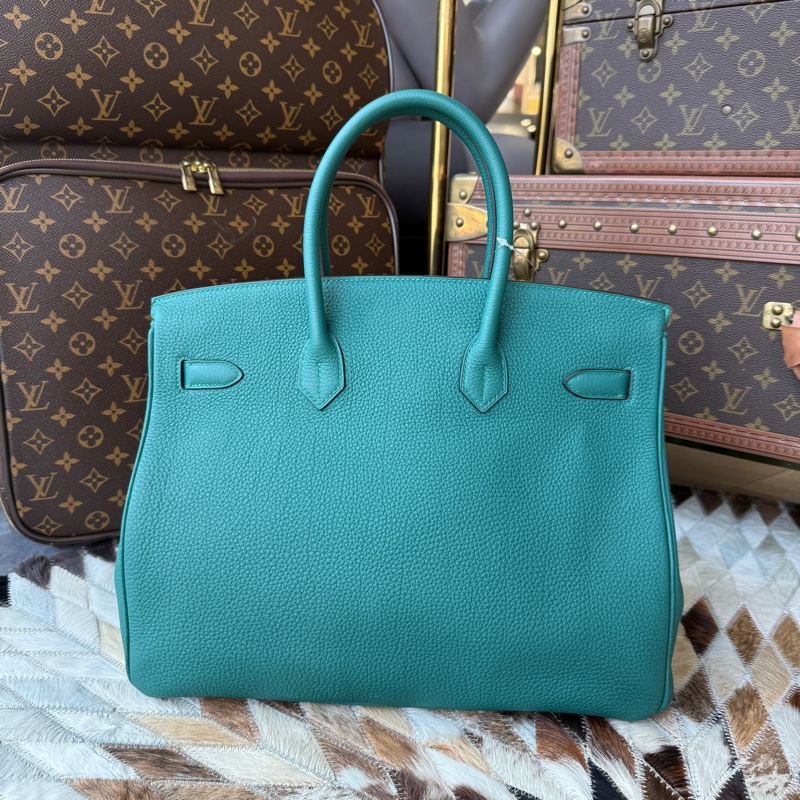 HERMES 柏金BIRKIN35 TOGO皮”銀釦方框Q “孔雀綠/絲絨綠-2