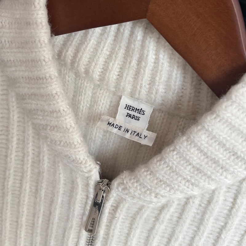 hermes愛馬仕米白色竪紋針織羊絨拉鍊外套 S 碼-6