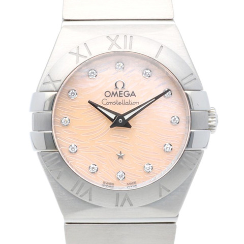 歐米茄星座系列腕錶，不鏽鋼材質，石英機芯，重新拋光，92257XXX，女士款，二手，12顆鑽石，粉紅色錶殼。