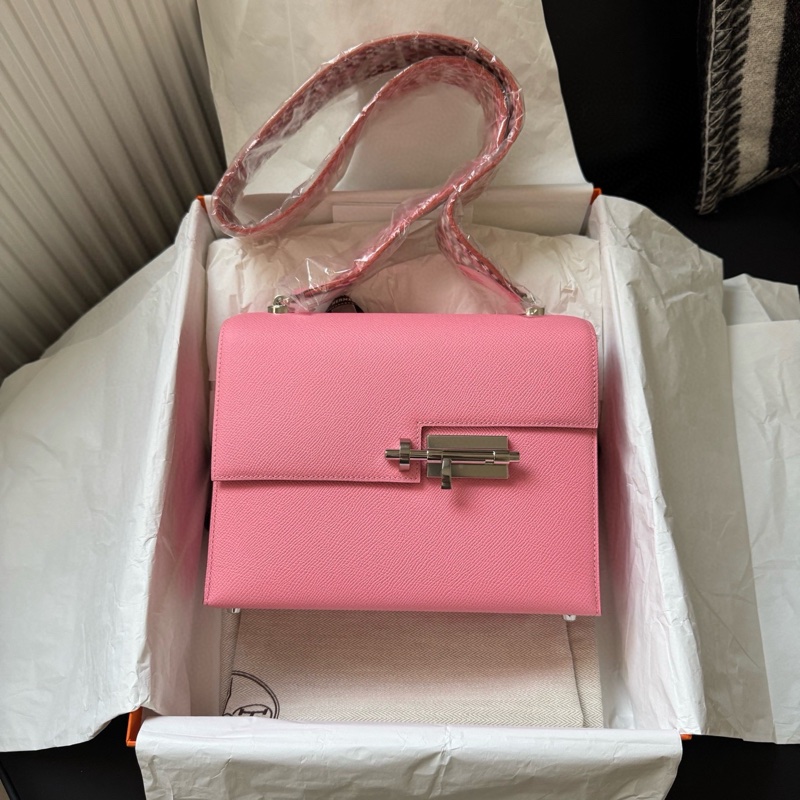 Hermes 愛馬仕 Verrou21 粉色銀扣手槍包 Y刻 Epsom皮 全新帶膜 長21 x 高16 x 寬4 公分-0