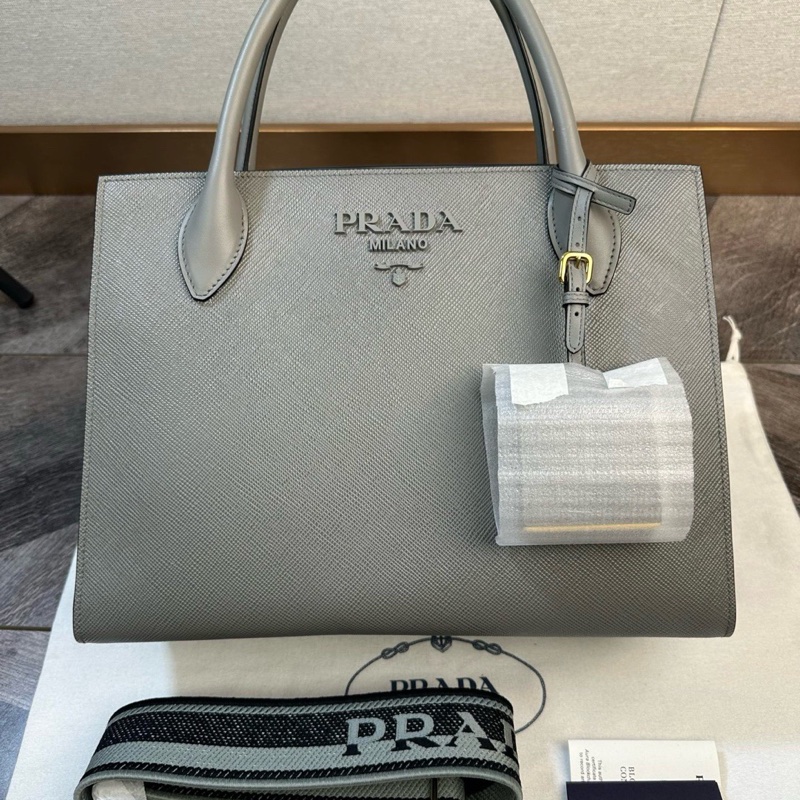 全新 Prada 普拉達 新款monochrome 粗紋十字紋牛皮 購物袋 手提單肩斜挎包 字母刺繡-0