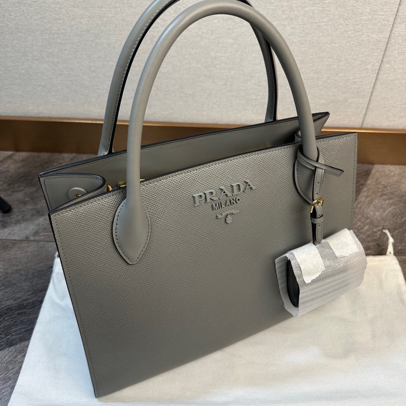 全新 Prada 普拉達 新款monochrome 粗紋十字紋牛皮 購物袋 手提單肩斜挎包 字母刺繡-2