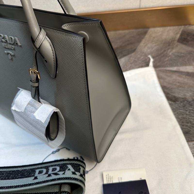 全新 Prada 普拉達 新款monochrome 粗紋十字紋牛皮 購物袋 手提單肩斜挎包 字母刺繡-3