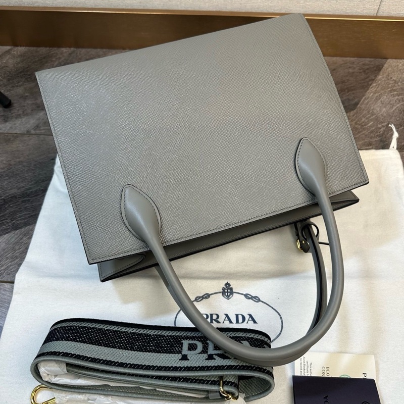 全新 Prada 普拉達 新款monochrome 粗紋十字紋牛皮 購物袋 手提單肩斜挎包 字母刺繡-5