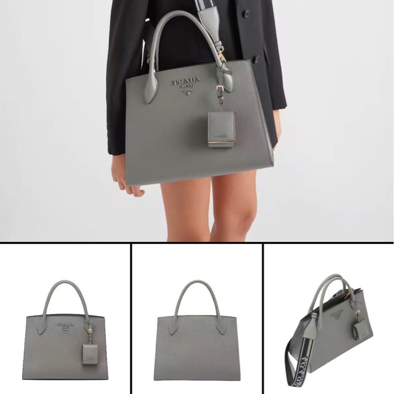 全新 Prada 普拉達 新款monochrome 粗紋十字紋牛皮 購物袋 手提單肩斜挎包 字母刺繡-6