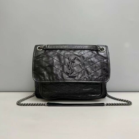 YSLNiki中號黑色銀鏈全皮肩背包斜背包