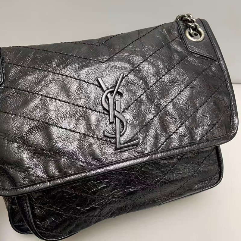 YSLNiki中號黑色銀鏈全皮肩背包斜背包-2