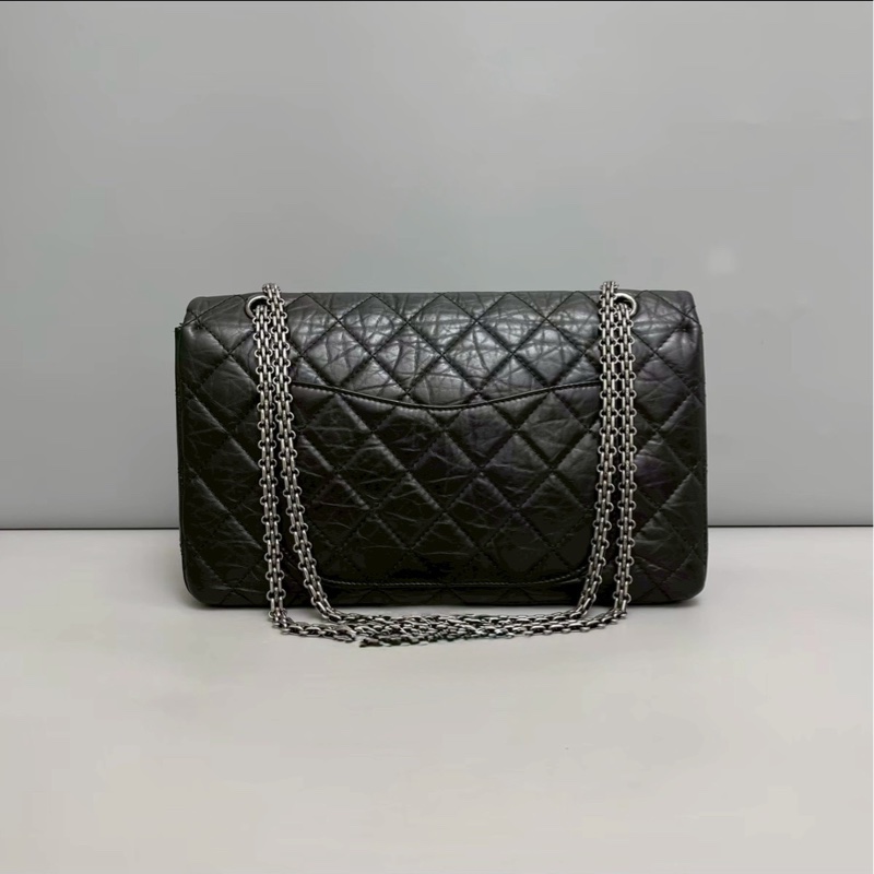 超低優惠價😍99新限量🆕Chanel黑銀大號2.55菱格油蠟牛皮單肩斜挎包-5