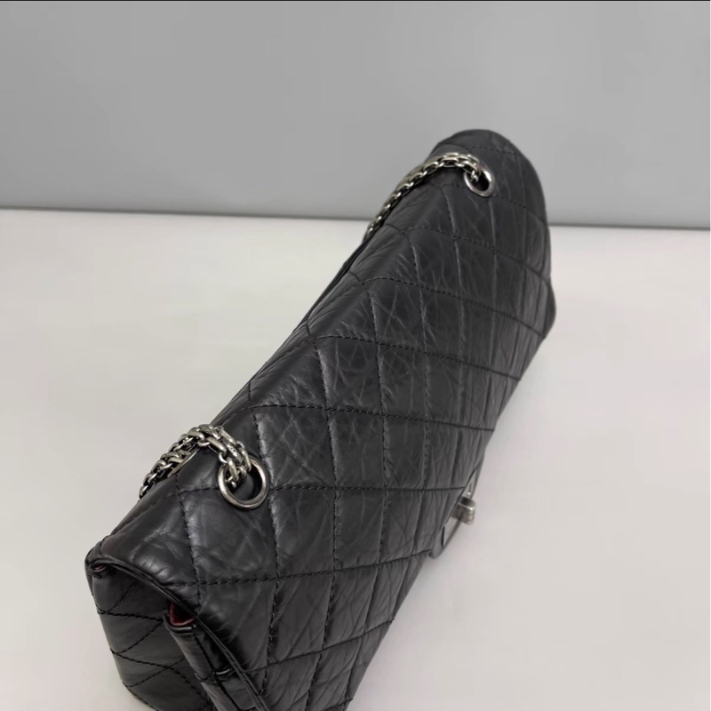 超低優惠價😍99新限量🆕Chanel黑銀大號2.55菱格油蠟牛皮單肩斜挎包-7