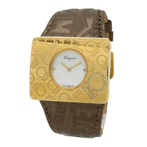 Salvatore Ferragamo 女士石英腕錶 F65，貝殼錶盤，鑲鑽，不鏽鋼錶殼，皮革錶帶