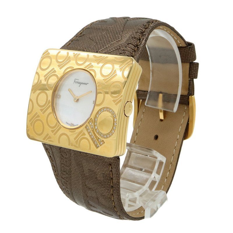 Salvatore Ferragamo 女士石英腕錶 F65，貝殼錶盤，鑲鑽，不鏽鋼錶殼，皮革錶帶-2