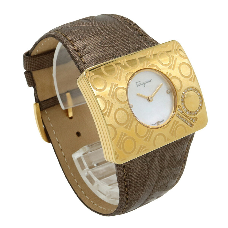 Salvatore Ferragamo 女士石英腕錶 F65，貝殼錶盤，鑲鑽，不鏽鋼錶殼，皮革錶帶-3