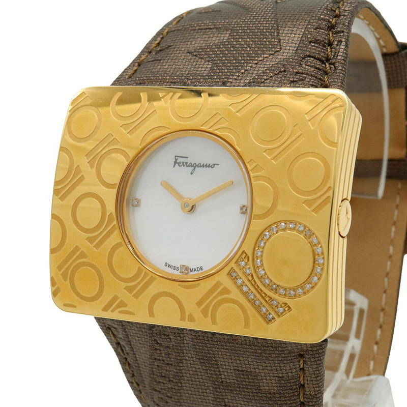 Salvatore Ferragamo 女士石英腕錶 F65，貝殼錶盤，鑲鑽，不鏽鋼錶殼，皮革錶帶-4