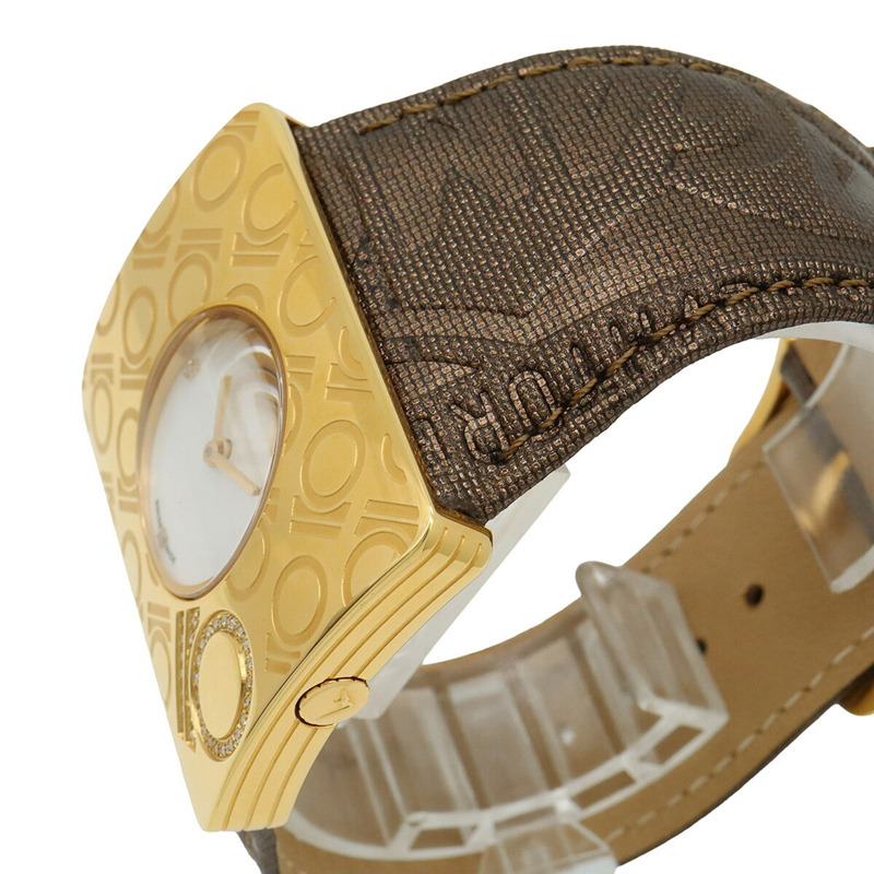 Salvatore Ferragamo 女士石英腕錶 F65，貝殼錶盤，鑲鑽，不鏽鋼錶殼，皮革錶帶-5