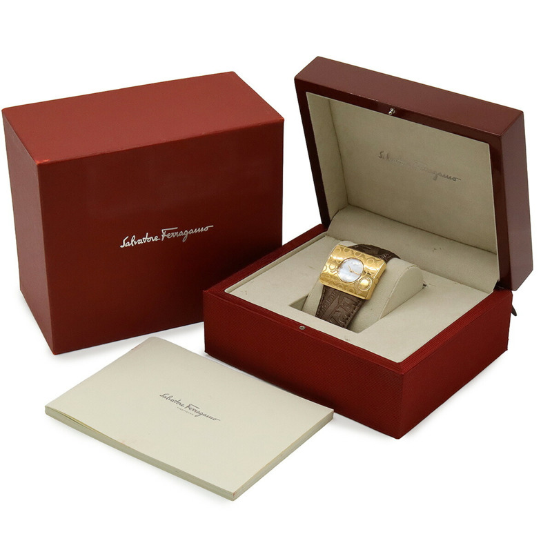 Salvatore Ferragamo 女士石英腕錶 F65，貝殼錶盤，鑲鑽，不鏽鋼錶殼，皮革錶帶-9
