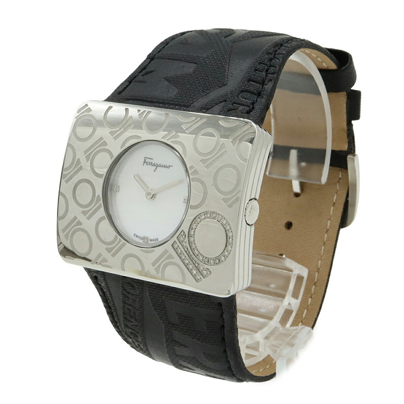 Salvatore Ferragamo 女士石英腕錶 F65，貝殼錶盤，鑲鑽，不鏽鋼錶殼，皮革錶帶-2