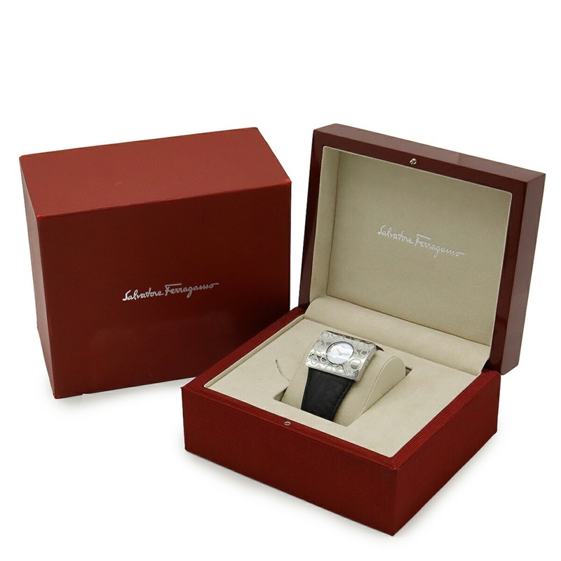 Salvatore Ferragamo 女士石英腕錶 F65，貝殼錶盤，鑲鑽，不鏽鋼錶殼，皮革錶帶-9