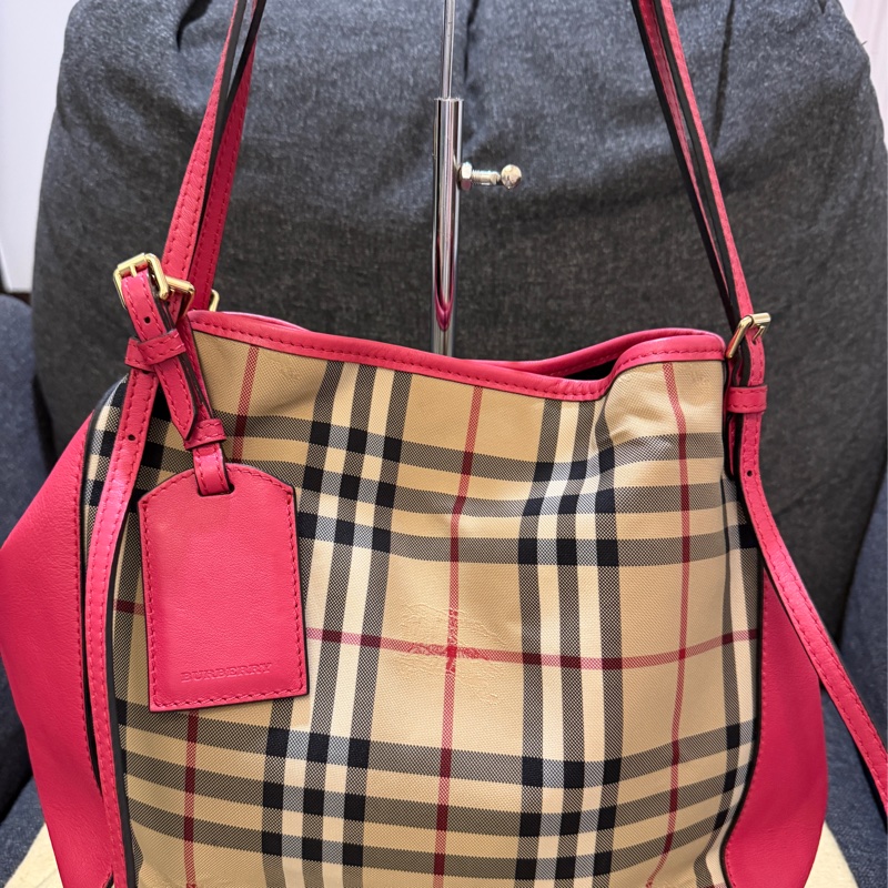 BURBERRY 專櫃正品 3983060 桃紅色 格紋 肩背包 手提包 水餃包 購物包-5
