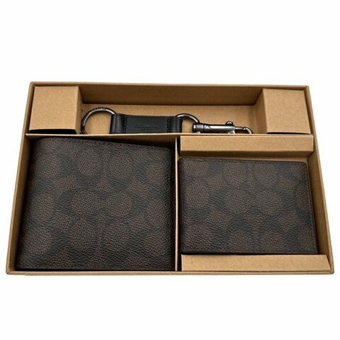 【全新】COACH 男款8卡短夾附鑰匙圈活動證件夾禮盒(深咖)