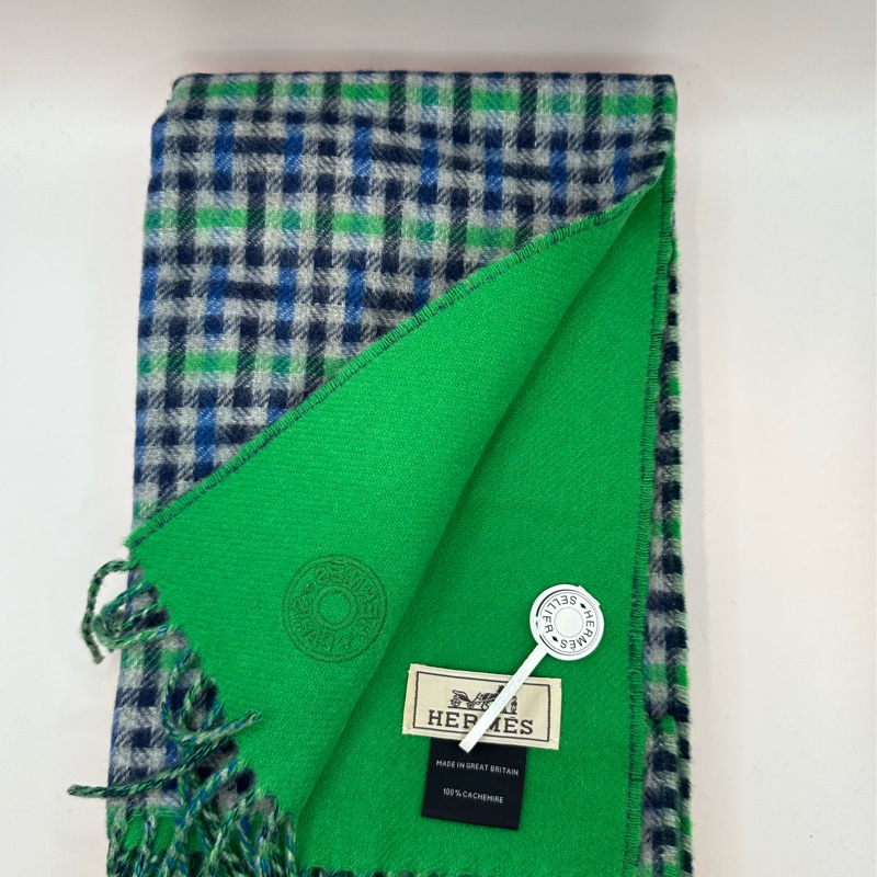 全新未使用 愛馬仕Hermes 格紋 圍巾灰/藍/綠-0