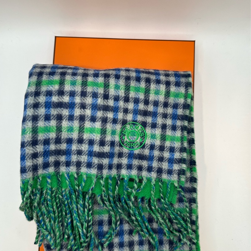 全新未使用 愛馬仕Hermes 格紋 圍巾灰/藍/綠-1