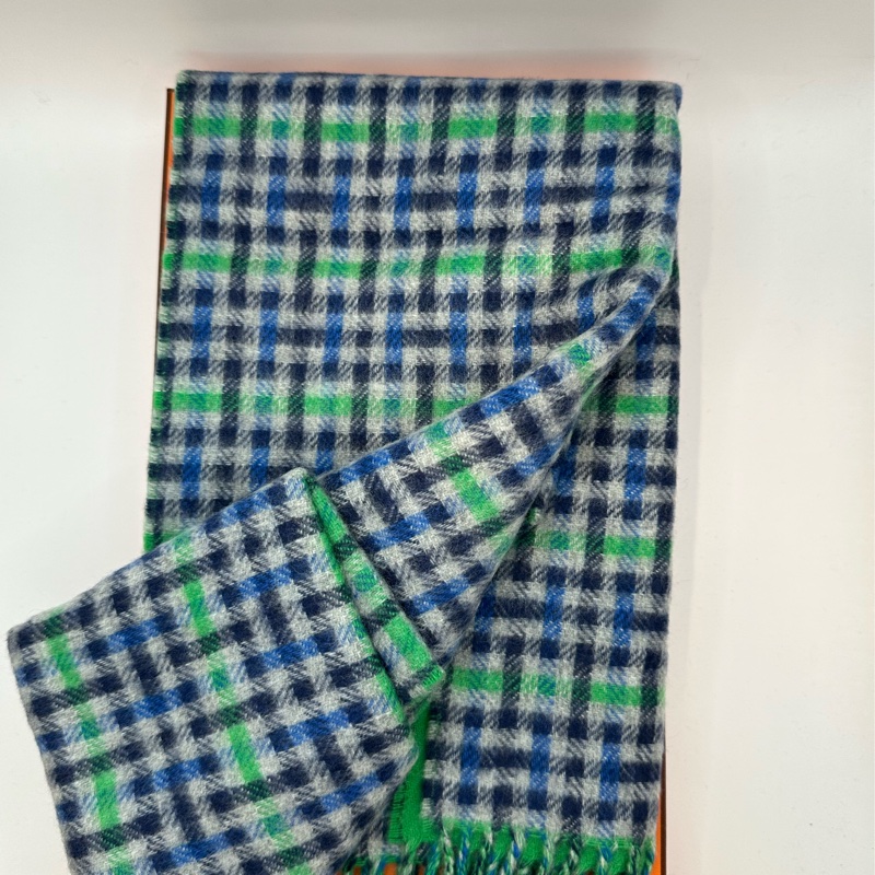 全新未使用 愛馬仕Hermes 格紋 圍巾灰/藍/綠-2