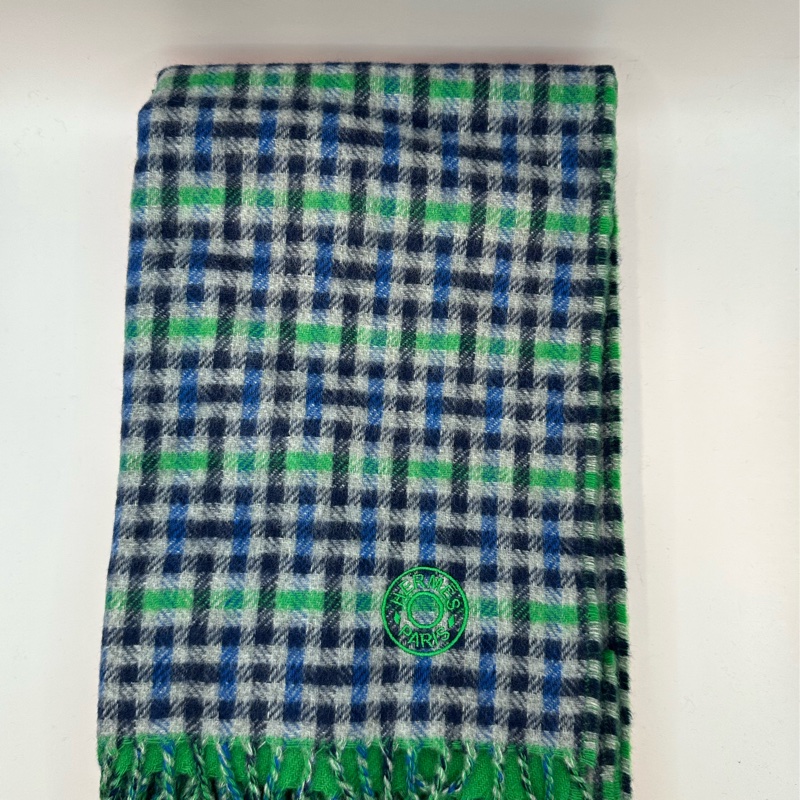 全新未使用 愛馬仕Hermes 格紋 圍巾灰/藍/綠-3