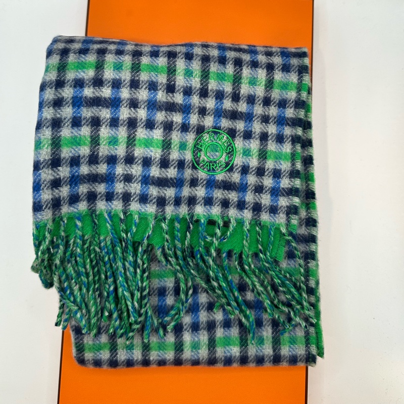 全新未使用 愛馬仕Hermes 格紋 圍巾灰/藍/綠-4