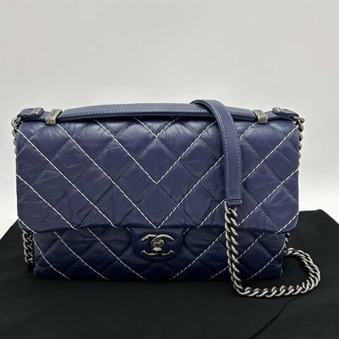 ️CHANEL 藍色銀扣外縫線菱格紋手提斜背包27*17*7 98新配件塵袋