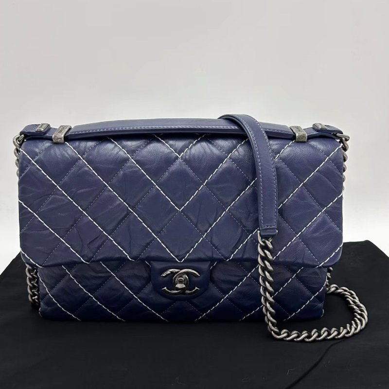️CHANEL 藍色銀扣外縫線菱格紋手提斜背包27*17*7 98新配件塵袋-0