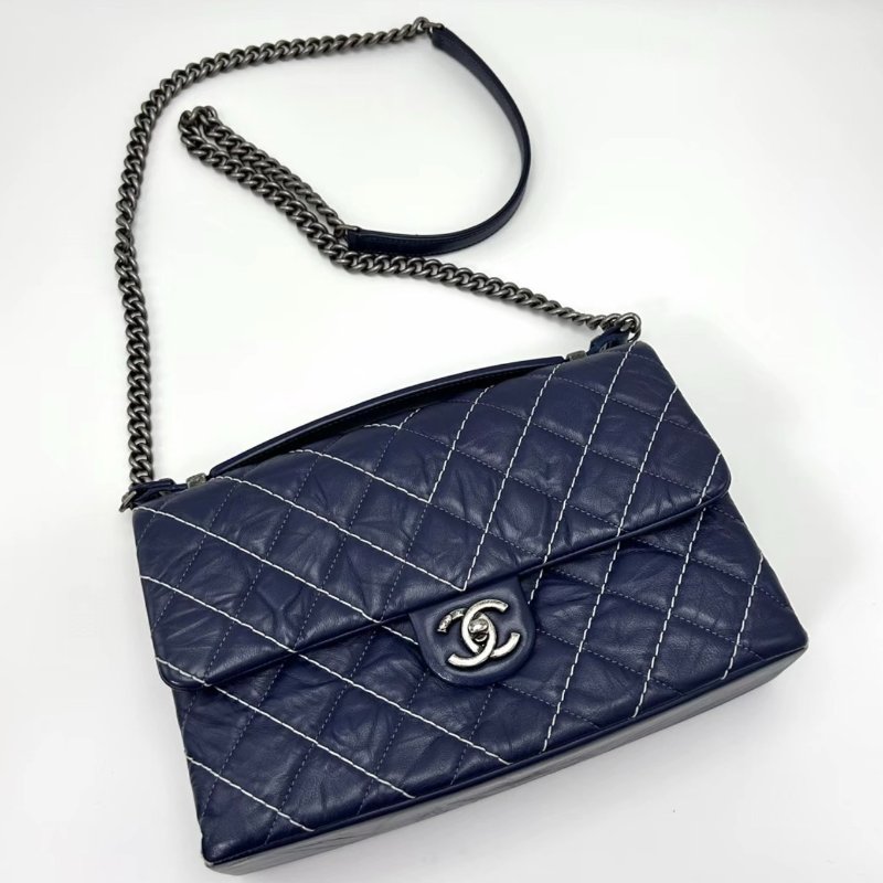 ️CHANEL 藍色銀扣外縫線菱格紋手提斜背包27*17*7 98新配件塵袋-1