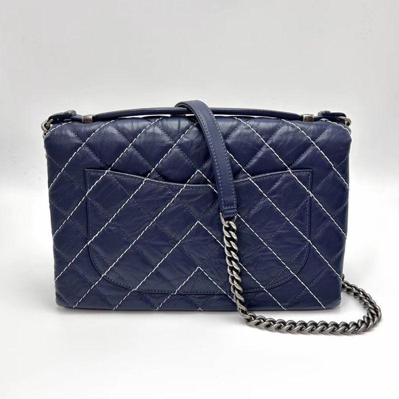 ️CHANEL 藍色銀扣外縫線菱格紋手提斜背包27*17*7 98新配件塵袋-3