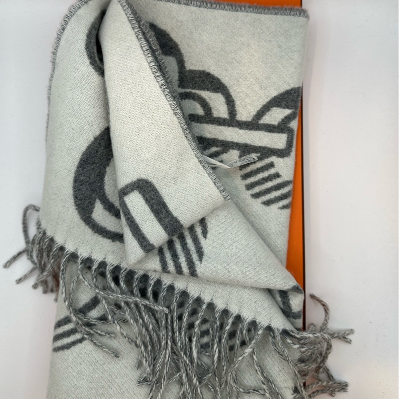 全新未使用 愛馬仕Hermes 經典圍巾 象牙/灰-4