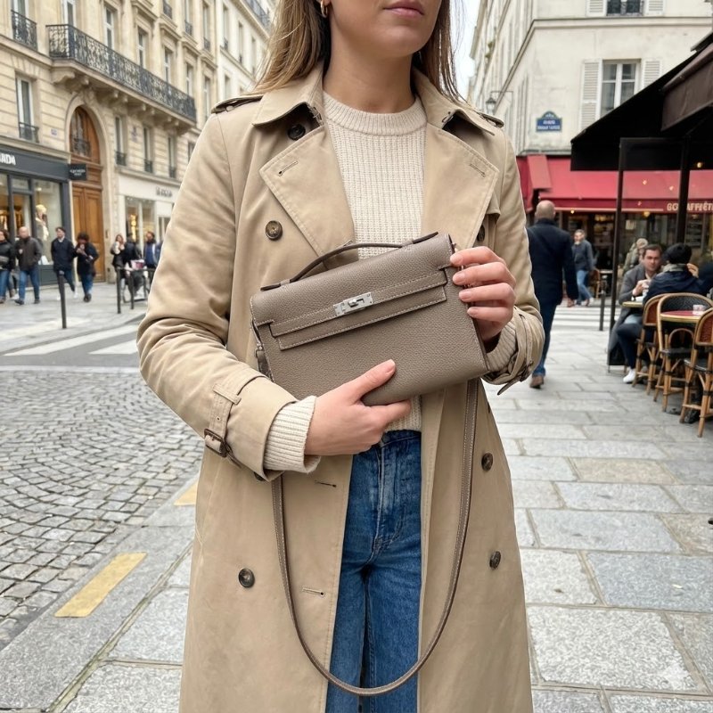 HERMES大象灰銀扣山羊皮Kelly Classique To Go 20.5*11.5*2 98新配件盒子塵袋-0