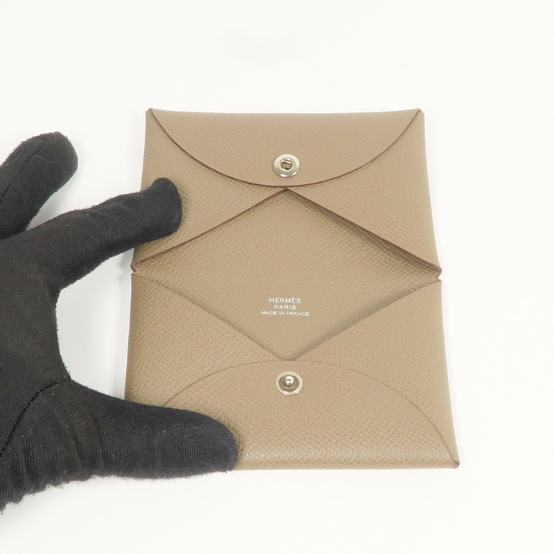HERMES Epsom皮革Calvi Card Holder銀扣卡片套Etoupe-5