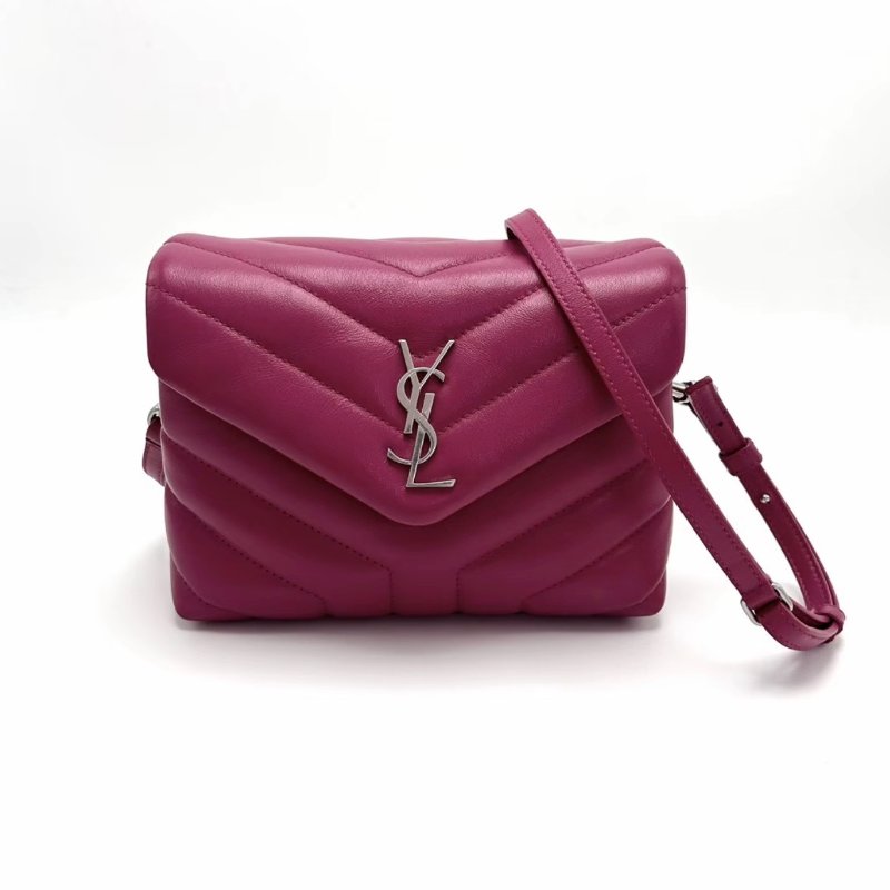 YSL玫紅色銀扣LouLou方胖子肩背斜背包包19*14*7 98新配件塵袋-1