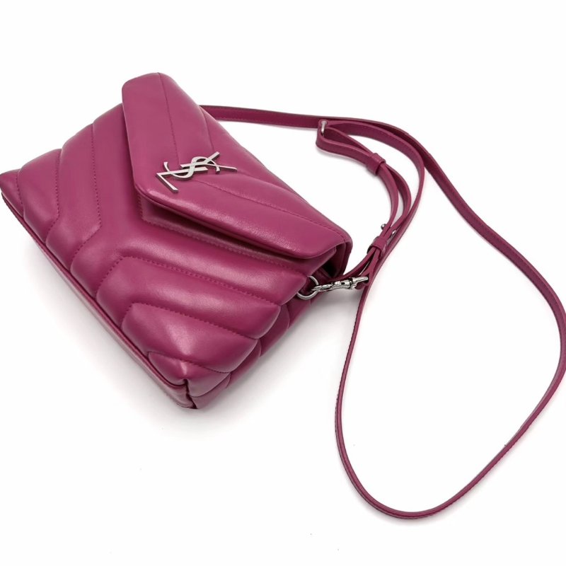 YSL玫紅色銀扣LouLou方胖子肩背斜背包包19*14*7 98新配件塵袋-4