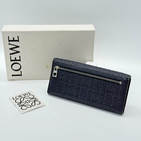 LOEWE 深藍色 牛皮壓花長夾
