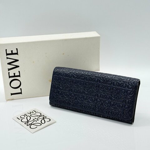 LOEWE 深藍色 牛皮壓花長夾