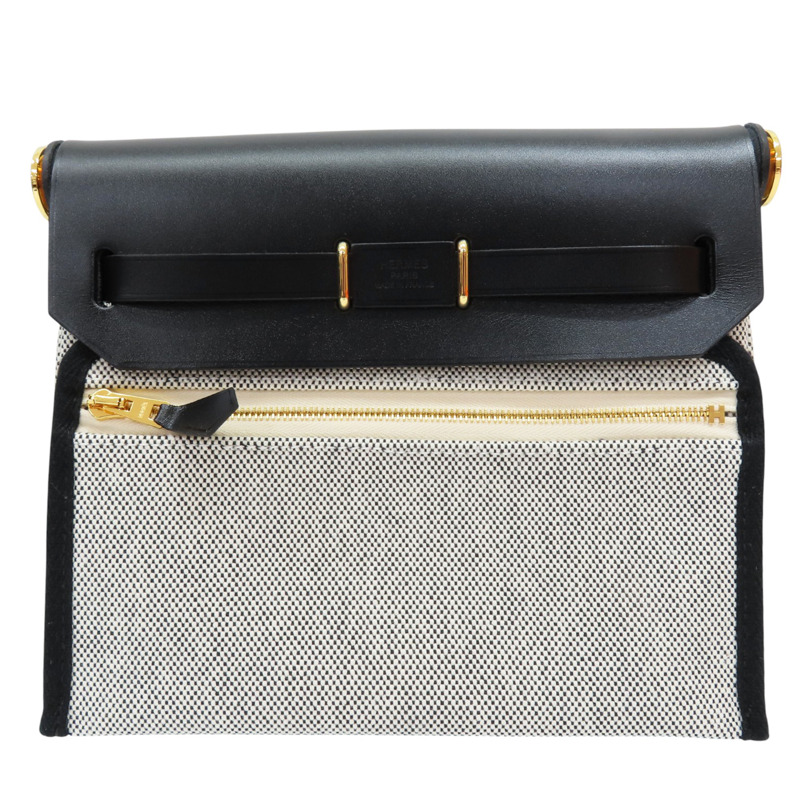 黑色牛皮 灰色帆布 Herbag Zip 20 Mini 肩背包 K刻 金扣【HERMES 愛馬仕】 H085414CCAF-1